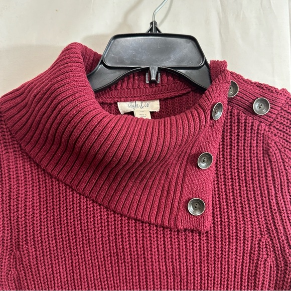 Style & Co Women Turtleneck with Buttons Patterned Knit Sweater Red Petite Small - Picture 2 of 8